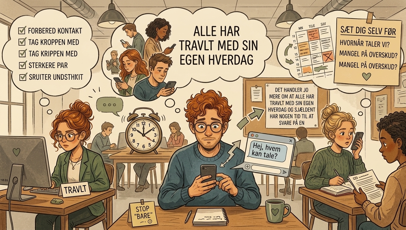 Illustration af en mand, der sidder med sin telefon, omgivet af kolleger, der er optaget af deres egne skærme og hverdag. Tankebobler viser “Alle har travlt med sin egen hverdag”, og post-its med ord som “Forbered kontakt”, “Sæt dig selv før” og spørgsmål som “Hvornår taler vi?” og “Mangel på overskud?”.